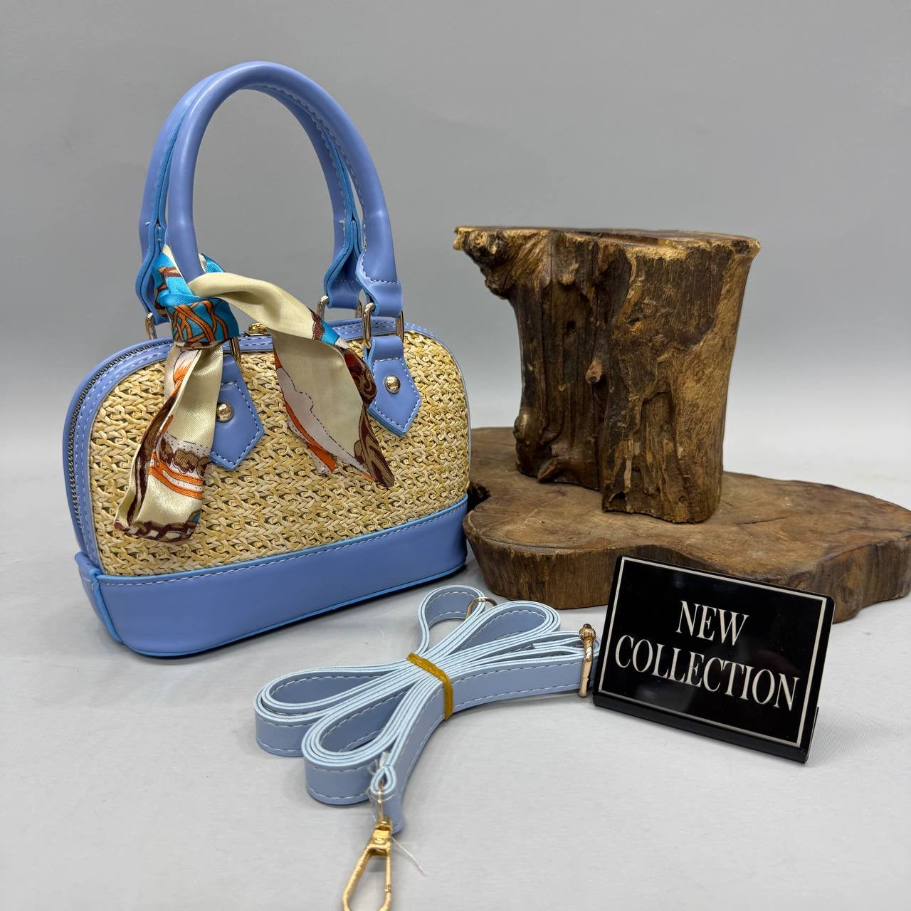 Hasır Detaylı Mavi Kadın Mini Çanta