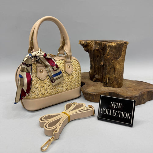 Hasır Detaylı Bej Kadın Mini Çanta